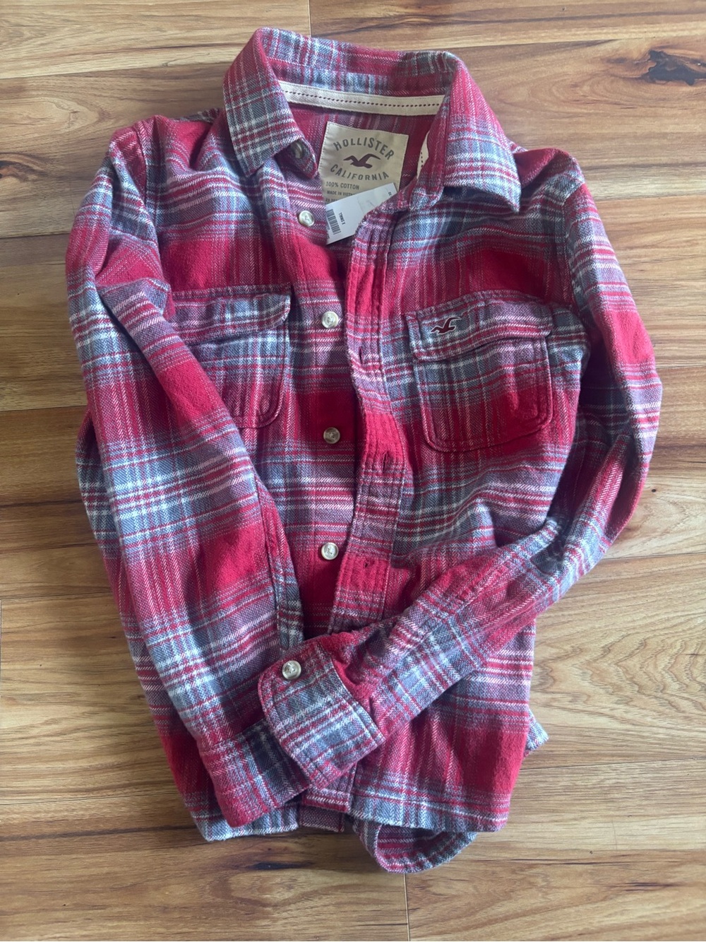 Hollister Red and Gray Plaid Button-Down Shirt - Kids